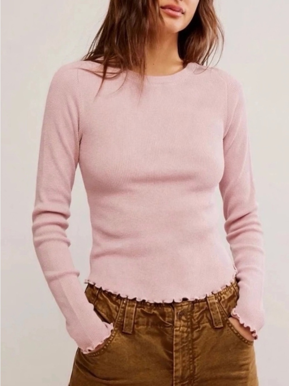 We The Free People Easy Does It Tee Thermal Long Sleeve Top Pink Sz Small NWT